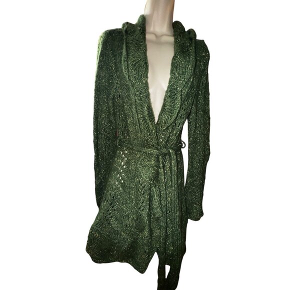 Dark Green Large Sparkly Knit Wrap Cardigan Sweater With Belt Boho Hippie Glam‎ - Picture 4 of 10